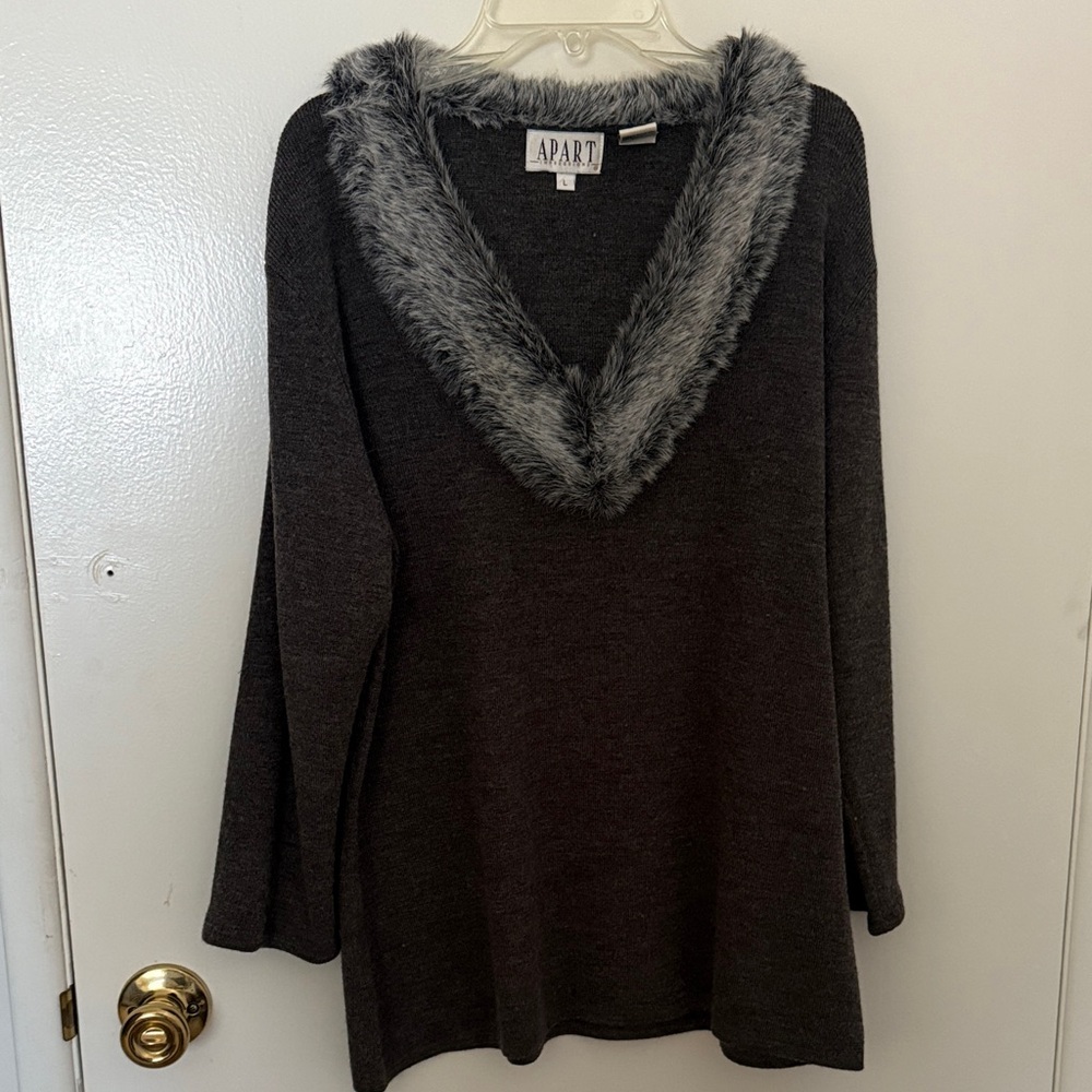 Apart Women's Charcoal V-Neck Sweater with Faux Fur Trim